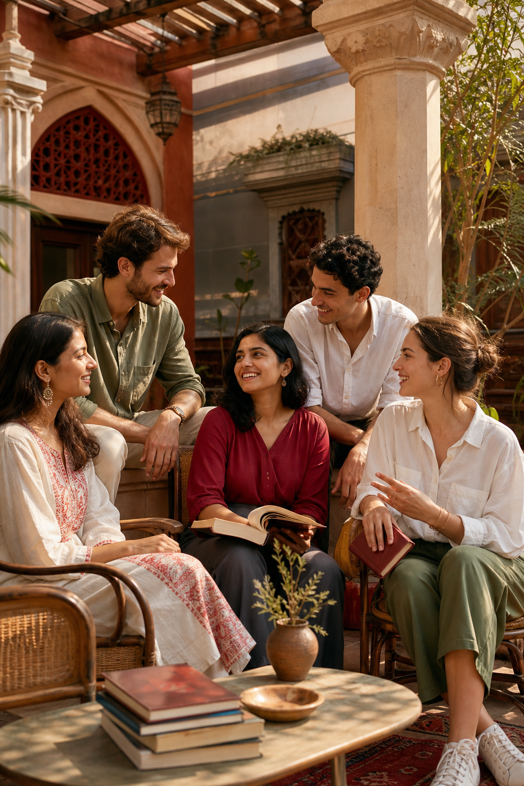 Three women and two men from Indian and international backgrounds sharing books and conversation